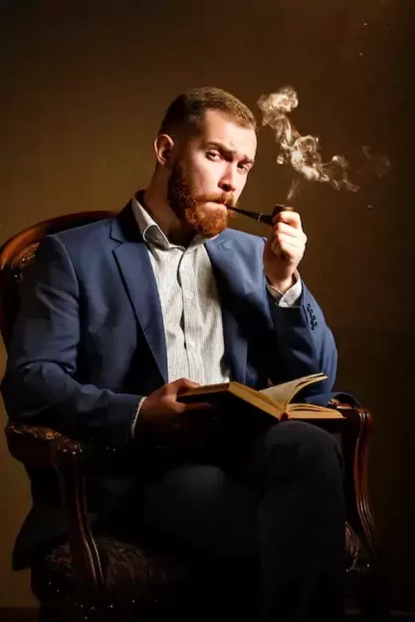 portrait-handsome-young-man-blue-suit-smoking-pipe-read-book_136403-2759 پیپ و سیگار برگ